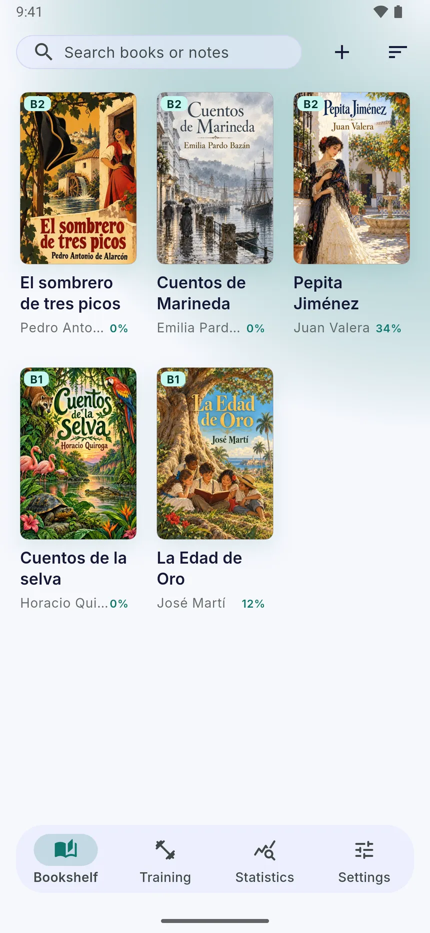 The bookshelf with downloaded books, their levels and reading progress
