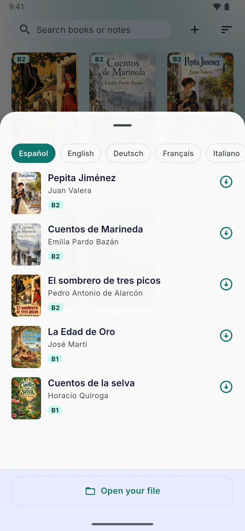 The book catalog with a language filter, levels and download buttons
