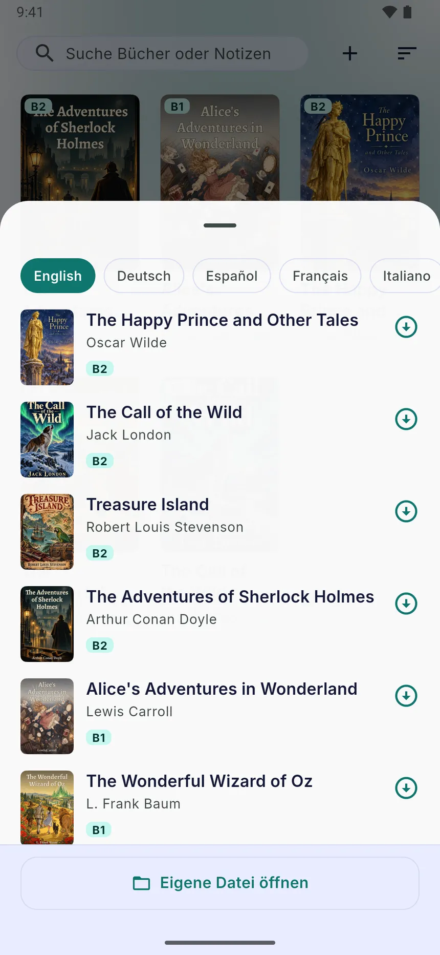 Der Buchkatalog mit Sprachfilter, Niveaus und Download-Schaltflächen