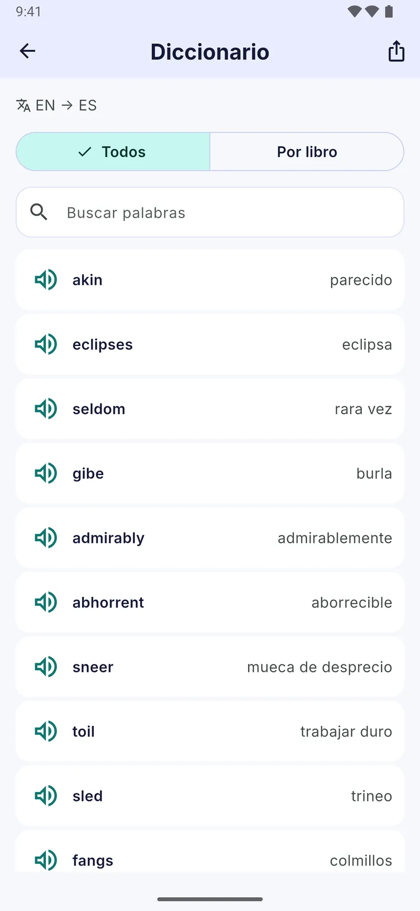 El diccionario de palabras guardadas con sus traducciones