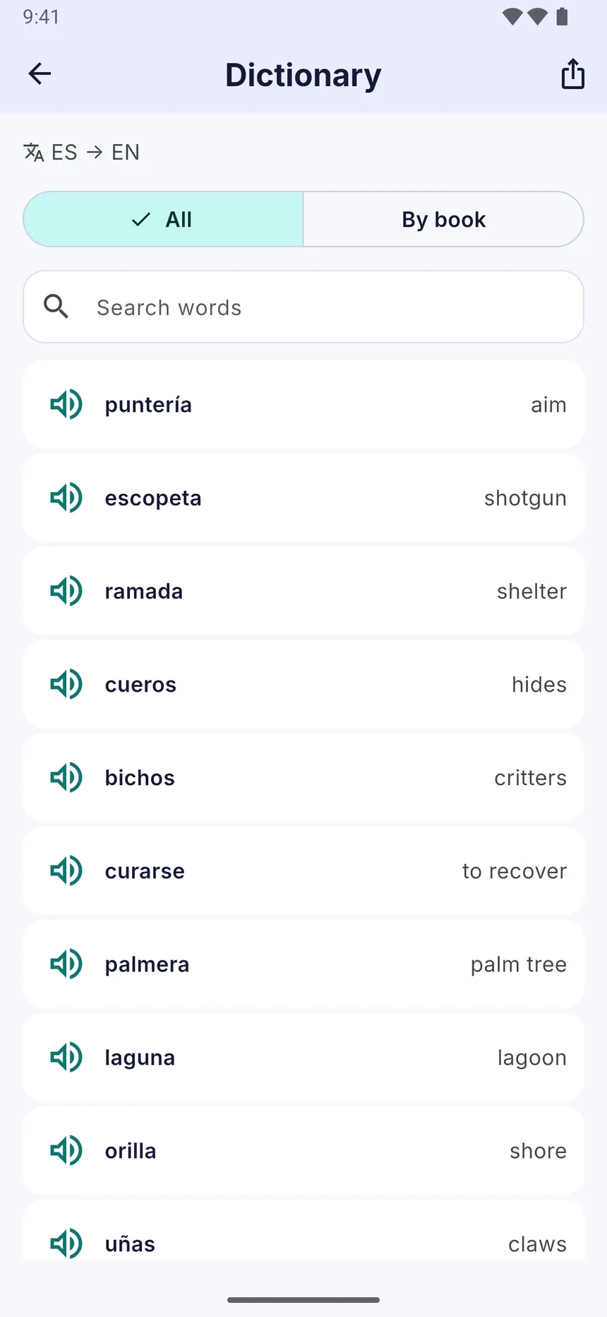 The dictionary of saved words with their translations
