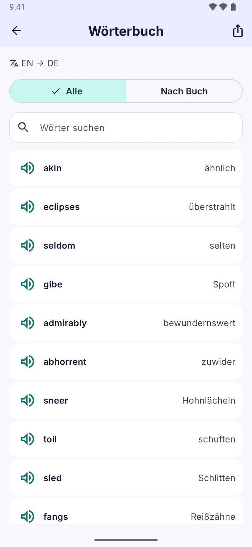 Das Wörterbuch der gespeicherten Wörter mit ihren Übersetzungen