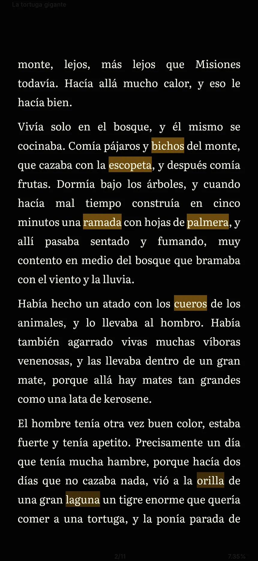 A book page in the dark theme with saved words highlighted
