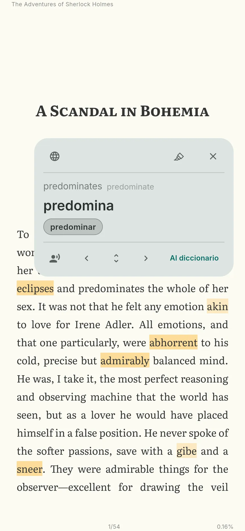 Una página de un libro con una palabra tocada y su traducción