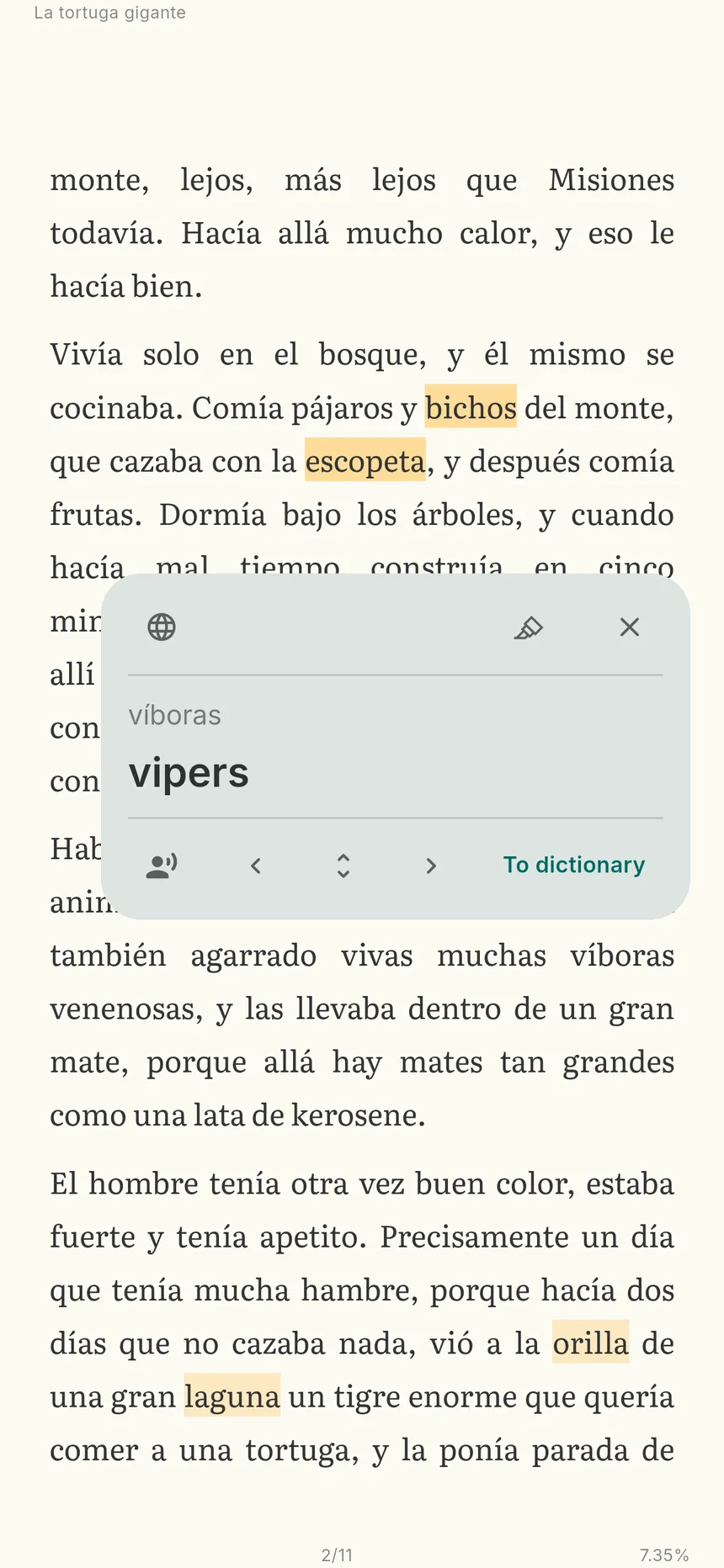 A book page with a tapped word and its translation