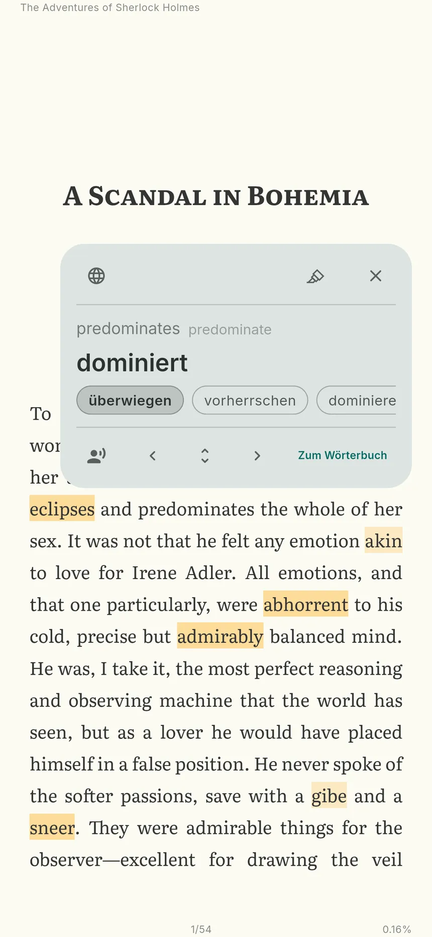 Eine Buchseite mit einem angetippten Wort und seiner Übersetzung